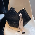 Modern black pleated PU leather tote bag with V-cut opening and fashion ribbon detail - Black