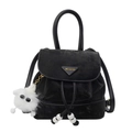 Mini black velvet backpack with drawstring closure and cute white sheep keychain - With Pendant / Black