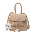 Vintage beige mini backpack for women with plush monster charm and metal logo detail - With Pendant / Khaki