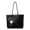 Black large capacity tote bag with embossed textures and a white plush toy pendant - With Pendant / Black
