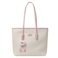 Cream tote bag with pink handles and cartoon embossed PU leather textured finish - With Pendant / Pink