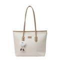 Fashionable beige tote bag with cartoon embossed patterns and cute plush monster charm - With Pendant / Khaki