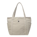 Large beige canvas tote bag with metal snap pocket and side pockets for school and commute - Khaki