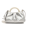 Bolso nube plisado plateado con asa de perlas y correa bandolera para mujer chic - Plata Perlada