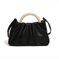 Elegante bolso nube plisado negro con asa de perlas y correa de hombro ajustable - Negro Perlado