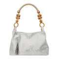 Beige floral embroidered silk underarm bag with vintage wooden bead handle - Off White