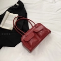 Retro red PU leather shoulder bag with dual front pockets and long strap - Red