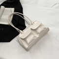 Minimalist cream white PU leather tote bag with double pockets and long straps - White