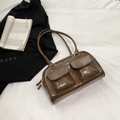 Vintage brown PU leather shoulder bag with double pockets in polished glossy finish - Brown