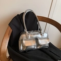 Silver metallic PU leather Boston shoulder bag with dual front pockets and top handles - Silver