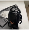 Sac seau en cuir noir avec poignée tressée et bandoulière réglable pour femme - Noir