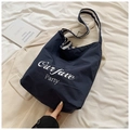 Dark blue canvas tote bag with white Our fave print and striped shoulder strap - Blue