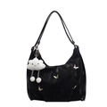 Black crinkled tote bag with silver butterfly charms and white cloud plush pendant - Black With Pendant