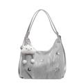 Silver metallic hobo tote bag with butterfly accents and white plush cloud charm - Silver with Charm