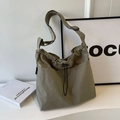 Khaki green nylon tote bag with drawstring closure and adjustable crossbody strap - Green Without Pendant