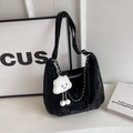 Black velvet shoulder bag with silver chain and white fluffy cloud charm detail - Black (With Charm)