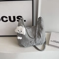 Grey hobo bag with pleated texture, metal chain and cute white plush cloud charm - Grey (With Pendant)