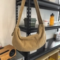 Vintage khaki corduroy crescent crossbody bag with adjustable wide shoulder strap - Khaki