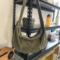 Olive green corduroy hobo bag with large capacity and vintage shoulder strap design - Green