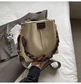 Bolso vintage tipo cubo crema con correa de pata de gallo y asa trenzada de mujer - Blanco Roto