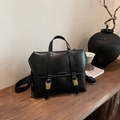 Retro black leather messenger bag with gold buckles and top handle for women - Black