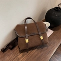 Vintage dark brown matte leather messenger bag with top handle and golden buckles - Coffee