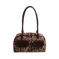 Borsa a spalla leopardata in peluche con doppie tasche anteriori e dettagli dorati - Cachi