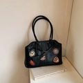 Borsa sottobraccio retrò in pelle nera con toppe ricamate in stile americano - Nero