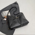 Large black PU leather tote bag with decorative buckle and baseball charm accessory - Black With Rabbit Pendant