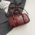Deep red patent leather bowling bag with twin handles and removable shoulder strap - No Pendant / Red
