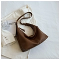 Dark brown matte soft leather shoulder bag with vintage croissant shape and gold buckle - Brown