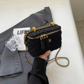 Mini black tweed crossbody bag with golden chain strap and floral zipper charm - Black Large