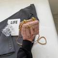 Pink tweed vanity bag with gold chain strap and camellia metal decoration - Pink Small