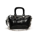 Elegant black glossy leather handbag with distinctive silver metallic chain link - Black