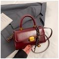 Retro wine red square handbag with glossy leather finish and gold hardware clasp - Red with Pendant