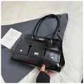 Bolso de negocios negro brillante con varios bolsillos frontales y cierres plateados - Negro sin Colgante