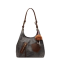 Retro grey canvas tote bag with brown leather handles and a plush teddy charm pendant - Dark Brown (Without Pendant)