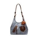 Blue stonewashed canvas tote bag with brown leather straps and plush puppy charm - Denim Blue (Without Pendant)
