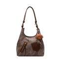 Retro dark brown tote bag with vintage texture, knot strap, and cute teddy charm - Coffee (No Charm)