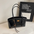 Minimalist black oil wax leather tote bag with braided charm and gold metal plaque - Bell Knot Pendant / Black