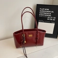 Minimalist wine red oil wax leather tote bag with thin handles and metal brand plate - Bell Knot Pendant / Red
