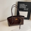 Dark brown oil wax leather tote bag with glossy finish and dual slim shoulder straps - Bell Knot Pendant / Coffee