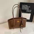 Brown oil wax leather tote bag with gold metal plaque and woven bell charm pendant - Bell Knot Pendant / Brown