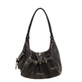 Retro vintage pleated hobo bag in metallic dark coffee leather with a side pocket - Black