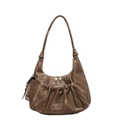 Vintage brown pleated hobo bag with MKMX logo and top zipper on white background - Khaki