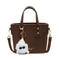 Minimalist dark brown felt bucket bag with cute plush monster charm and detachable strap - Coffee (With Charm)