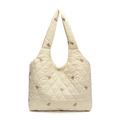 Minimalistische beige gesteppte Tragetasche mit Stickerei und breiten Schultergurten - Weiß