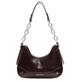 Bolso hobo media luna marrón oscuro en cuero brillante con cadena de plata fina - café