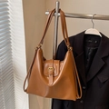 Minimalist brown leather tote bag with vintage gold buckle detail for versatile commuting - No Pendant / Khaki