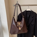 Vintage dark brown faux leather tote bag with gold hardware and adjustable strap - No Pendant / Brown
